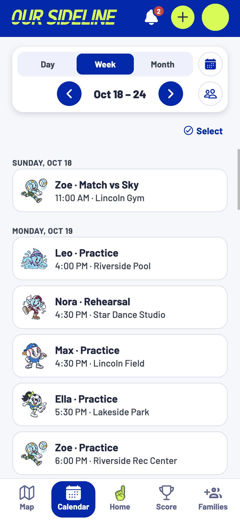 The calendar: a week with kids from several families, swim, dance, baseball, soccer and volleyball