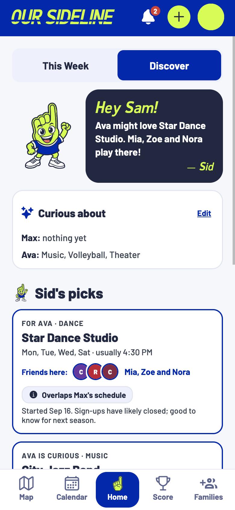 Discover: Sid suggests a dance studio where three friends already go