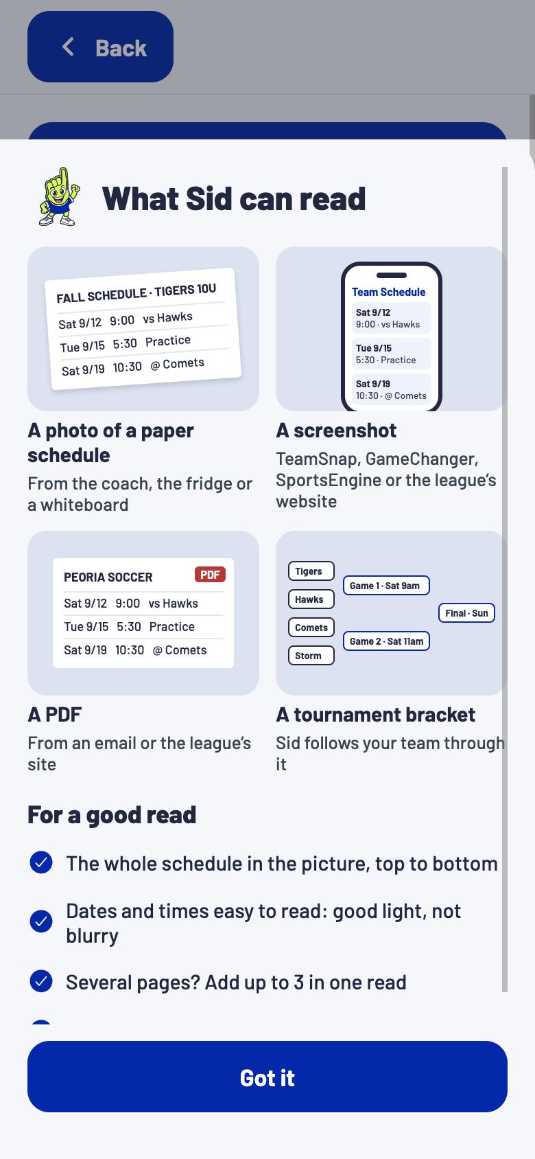 What Sid can read: a paper schedule, a screenshot, a PDF and a tournament bracket