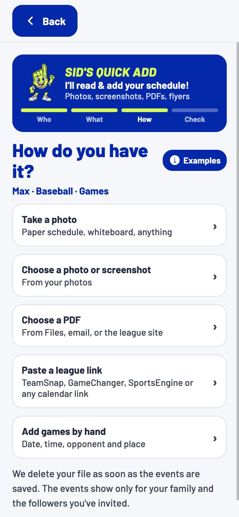 Step 3, How: take a photo, choose a screenshot or PDF, or paste a league link